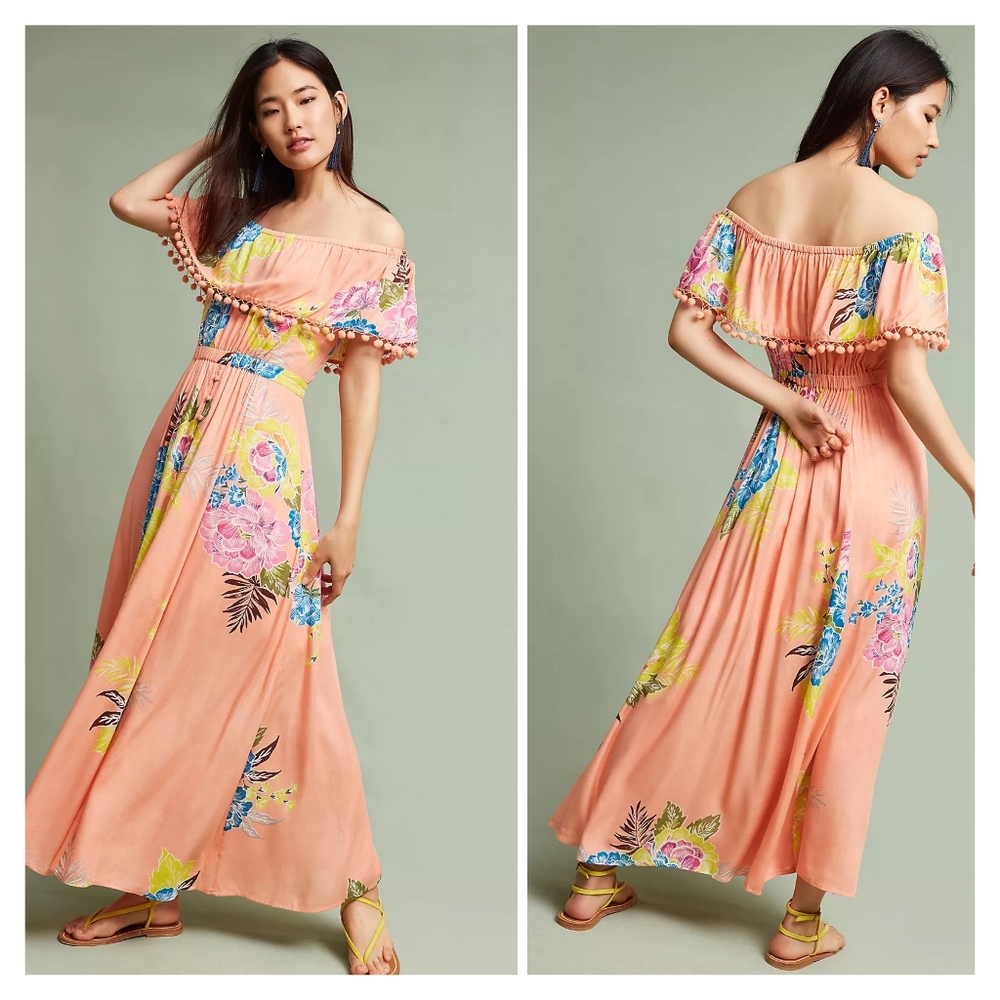 Anthropologie Farm Rio Pompom Off-shoulder Maxi Dress Size XL